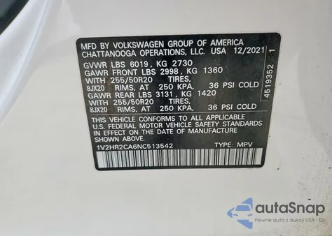 2022 Volkswagen Atlas Se z USA, uszkodzony, nr VIN 1V2HR2CA6NC513542